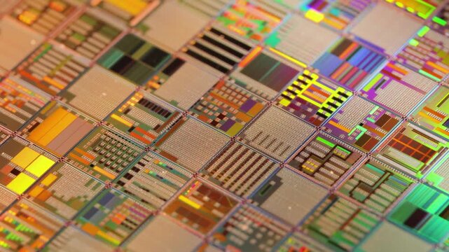 A mesmerizing rotating close-up view of a vibrant silicon wafer showcasing intricate microchip patterns and semiconductor circuit designs.
