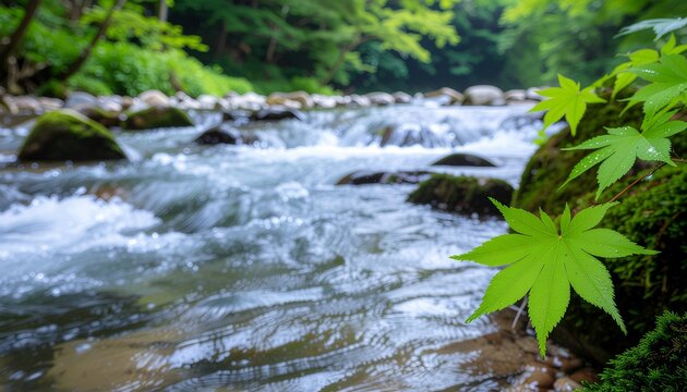 新緑のモミジと清流が織りなす初夏の渓流風景 Generative AI