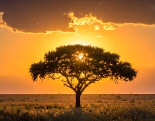 Fototapeta premium A serene savannah landscape featuring a majestic tree silhouetted against a vibrant orange sunrise