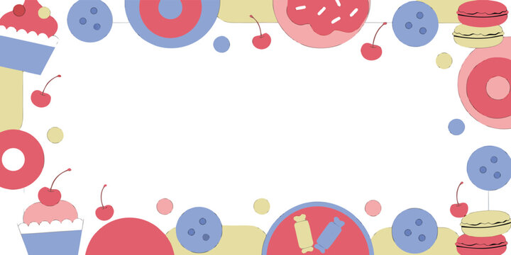 Whimsical cartoon food and candy frame with cherries and macarons