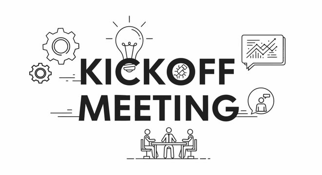 Vector illustration for a kickoff meeting concept, featuring icons of gears, lightbulb, analytics, and people in a discussion, representing project start, strategy, and business collaboration.