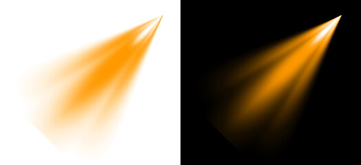 Vibrant orange spotlight beam effect from projector light shining down onto transparent background and black background. © On time PNG