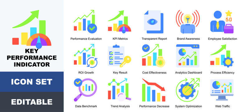 Key Performance Indicator Icon Pack Featuring Performance Evaluation, KPI Metrics, Transparent Report, Brand Awareness,  ROI Growth,  Cost Effectiveness, Process Efficiency