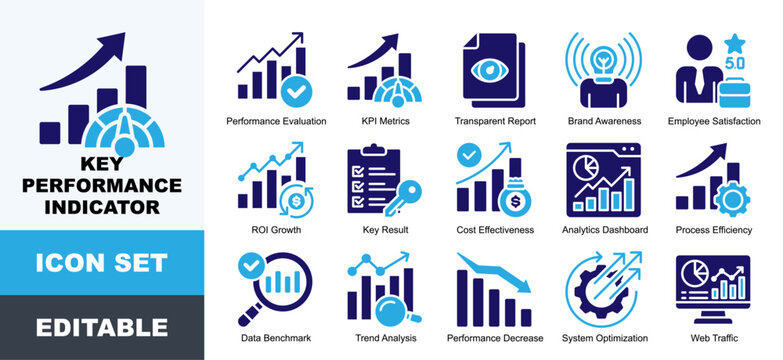 Key Performance Indicator Icon Pack Featuring Performance Evaluation, KPI Metrics, Transparent Report, Brand Awareness,  ROI Growth,  Cost Effectiveness, Process Efficiency
