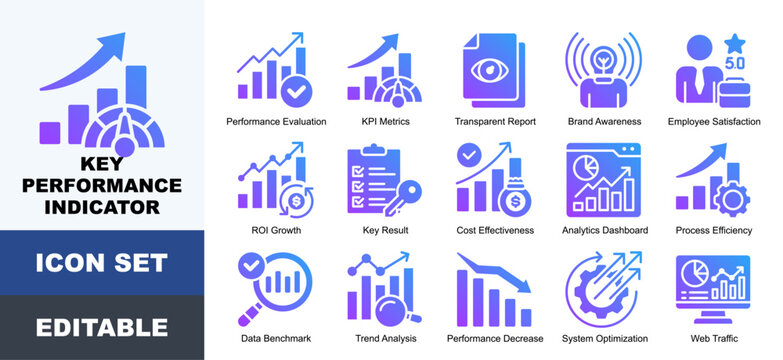 Key Performance Indicator Icon Pack Featuring Performance Evaluation, KPI Metrics, Transparent Report, Brand Awareness,  ROI Growth,  Cost Effectiveness, Process Efficiency