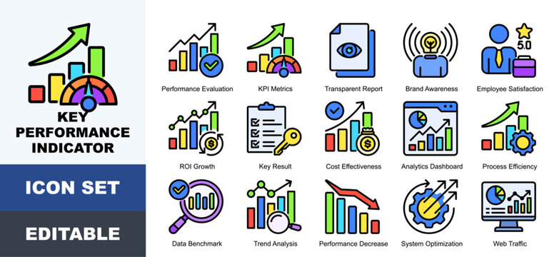 Key Performance Indicator Icon Pack Featuring Performance Evaluation, KPI Metrics, Transparent Report, Brand Awareness,  ROI Growth,  Cost Effectiveness, Process Efficiency