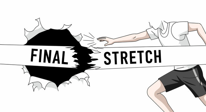 Flat line art illustration of an athlete running through a finish line banner with the text "FINAL STRETCH," symbolizing completion and achievement.