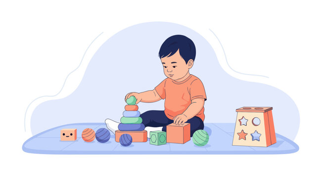 A young child is happily playing with colorful educational toys on a soft blue mat, developing fine motor skills and cognitive abilities.