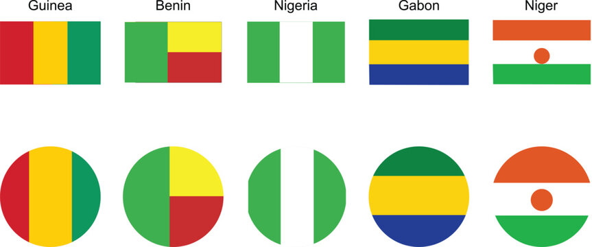 Muslim African countries flags icon set with Guinea Benin Nigeria Gabon and Niger flags rectangular and circular vector flags