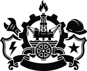 Fototapeta premium Oil and Gas Industry Badge Vector Set with Offshore Rig Gear Hard Hat and Tools