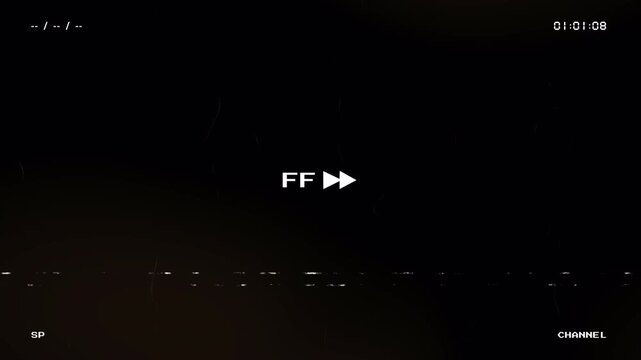 Vintage VHS fast forward overlay featuring analog glitch effects tracking lines and a running timecode counter on a dark textured background for retro video production