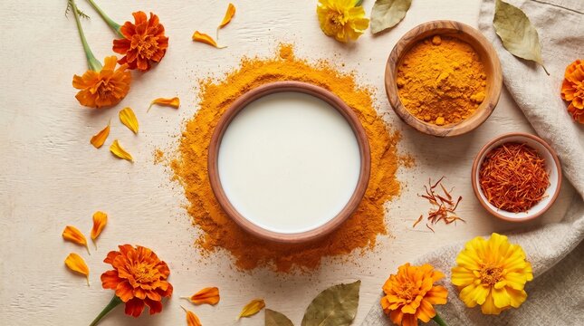 Traditional nag panchami preparation with turmeric powder, milk, and marigold flowers on beige surface. Nag panchami includes vibrant turmeric ingredients and decorative elements