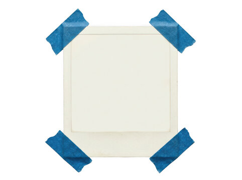 Square paper photo frame with blue tape corners isolated on white background