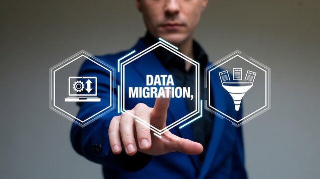 Data migration technology concept with secure information transfer interface
