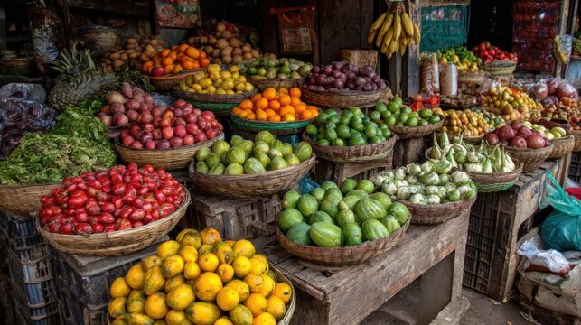 A bustling market display of colorful fruits & vegetables in woven baskets, overflowing & arranged on weathered wooden stalls