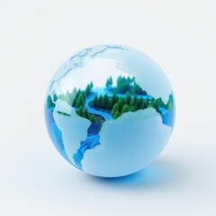 Naklejka premium Stylized globe depicts landmasses, forests, rivers. Blue oceans contrast white polar regions. Minimalist design, clean aesthetic.