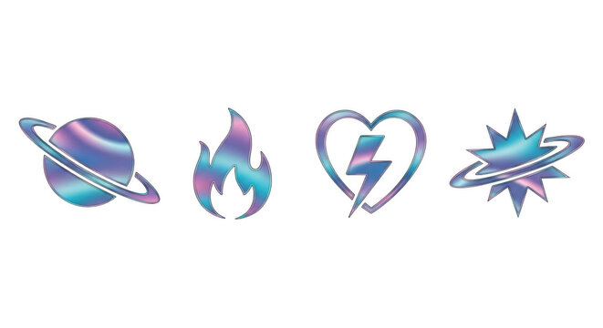 Colorful abstract icons set with cosmic and lightning elements isolated on transparent background