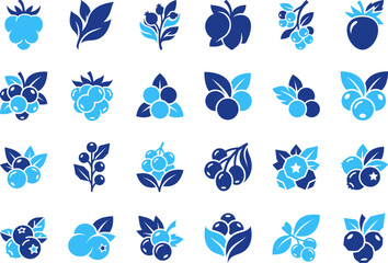 Collection of blue berry icons and fruit branch designs. © MstSarmin