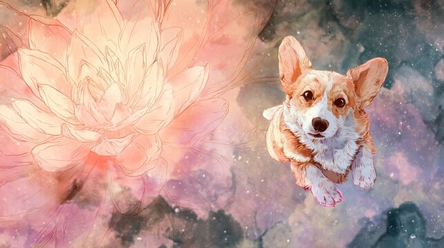 Watercolor corgi dog with large floral element artistic illustration design