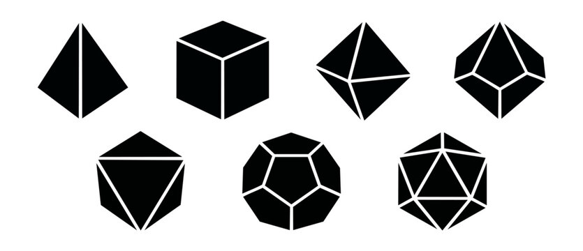 Polyhedral dice set vector icons featuring geometric platonic solids silhouettes isolated on white background for gaming, tabletop rpg adventure design, and minimalist mathematical symmetry concepts.