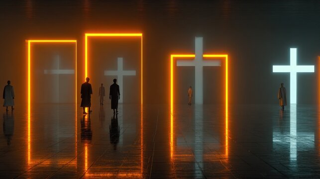 Silhouetted figures walk towards glowing crosses in a dark reflective space