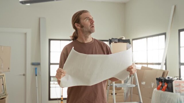Man holding a large rolled blueprint with hands, studying and reading plans amid ladders, boxes and tools in studio; concentration planning.
