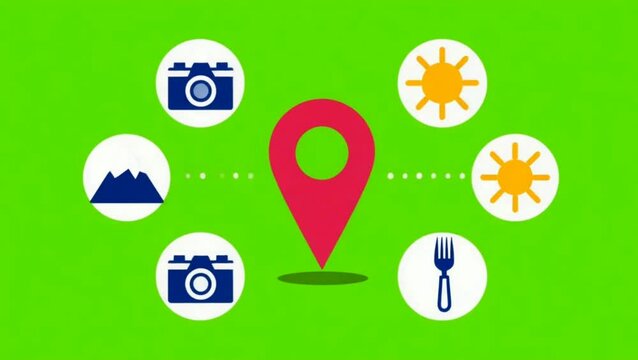 Travel Icons Pop Up Animation on Green Screen. Map Pin, Landscape, and Lifestyle Symbols for a Vacation and Tourism Concept
