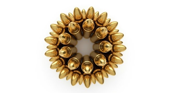 Circular arrangement of shiny golden bullets isolated on white background