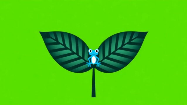Tree Frog Pop Up Icon Animation, Tropical Leaf Unfurling to Reveal Amphibian on Green Screen, Minimalist Wildlife Vector