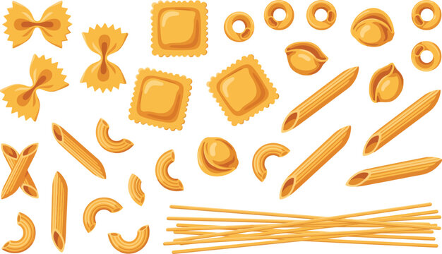 Set of various dry Italian pasta shapes including spaghetti penne and ravioli on white background