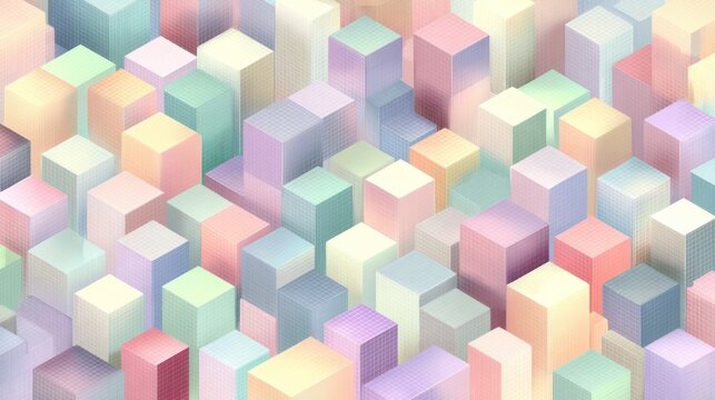 Pastel colored, cube-shaped block array. Blocks are various heights, creating an abstract cityscape-like image