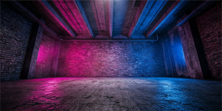 Industrial loft space with exposed brick wall and neon pink and blue illumination warehouse industrial interior lighting background architecture concrete construction scenography backdrop