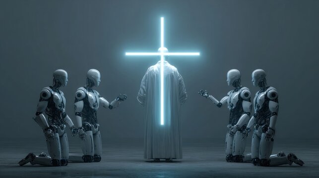 Robots kneeling before a cross symbolizing technology and spirituality