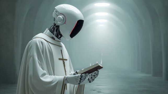Robot in religious attire reading a book inside a futuristic corridor