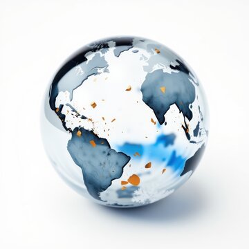 Globe illustration shows continents, oceans. Fragments float around sphere, suggesting destruction, fragility. White background emphasizes global form.