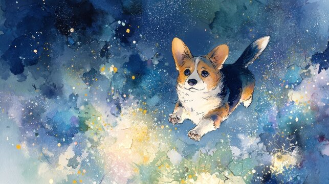 Watercolor painting of a corgi dog floating against a vibrant background artwork