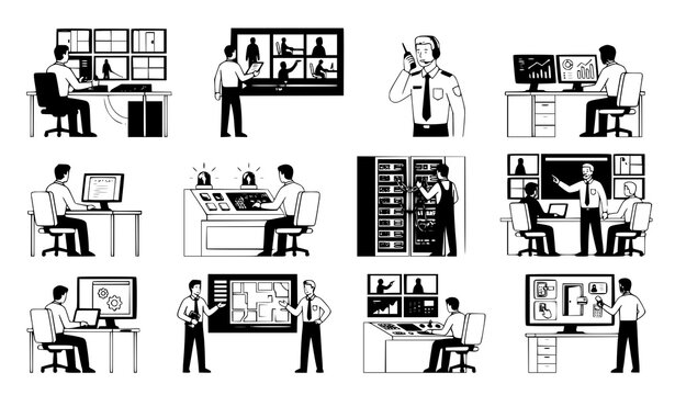 Security guard surveillance operation vector illustration set for command center and monitoring concepts