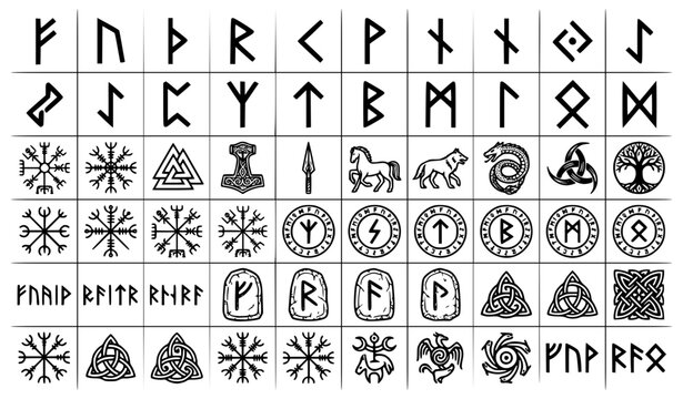 Ancient Norse Rune Alphabet and Viking Symbol Icon Set Featuring Elder Futhark Letters Thor Hammer Valknut Vegvisir and Celtic Knots For Mystical Designs