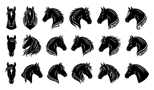 Horse Head Silhouette Vector Icon Set with Majestic Stallion Profiles, Mustang Black Silhouettes, and Tribal Equestrian Tribal Logo Symbols