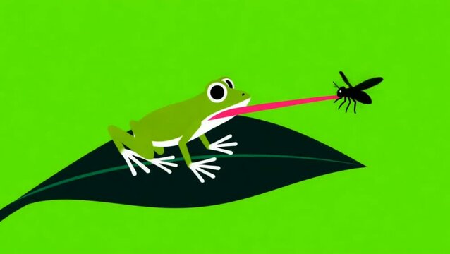 Vector Frog Catches Fly Animation Minimalist Wildlife Loop on Chroma Key Green Screen
