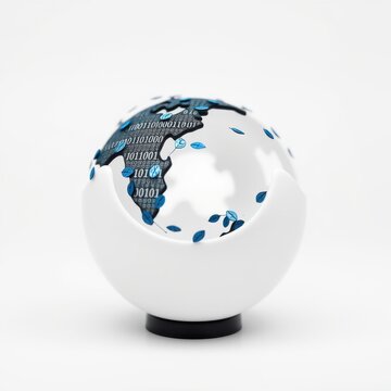 Globe displaying binary code, leaves. Represents digital world, nature connection. Clean aesthetic, simple background.