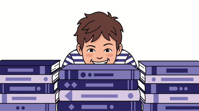 Young boy peeking over a stack of vintage electronics.