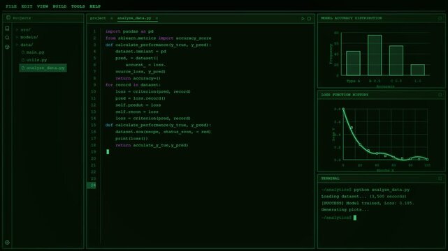 Programming Interface displaying Python code machine learning data analysis graphs on dark green digital screen background