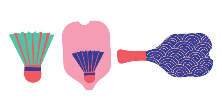 Traditional Japanese Hanetsuki badminton set with patterned hagoita paddle and colorful shuttlecock vector illustration.