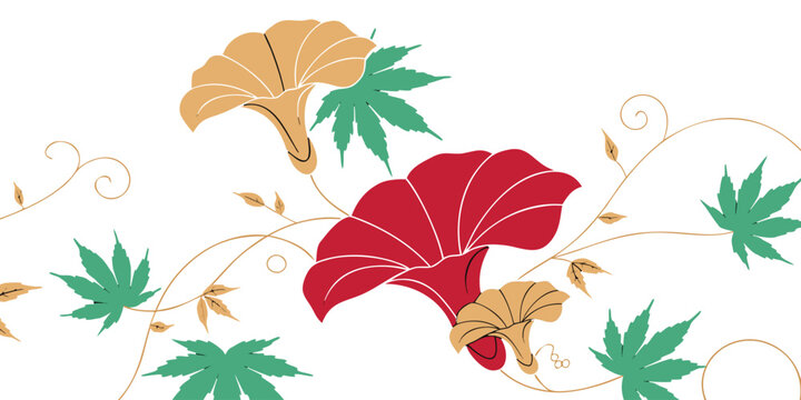 Traditional Japanese morning glory flowers seamless border pattern with green momiji maple leaves vector illustration.