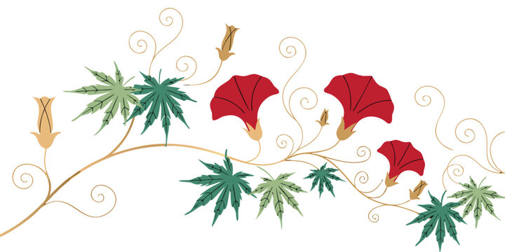 Traditional Japanese morning glory flowers seamless border pattern with green momiji maple leaves vector illustration.