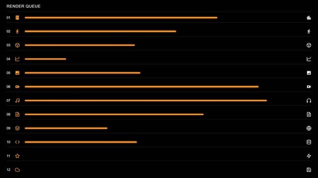 Render queue showing processing progress with orange bars and various icons on a dark digital screen