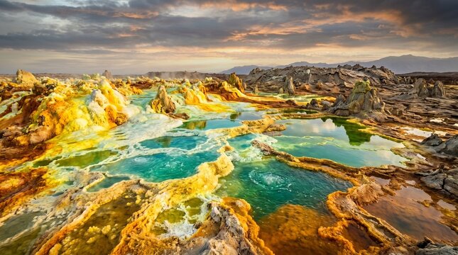 Alien Planet Like Geothermal Landscape in Dallol Ethiopia with Colorful Sulfur Terraces