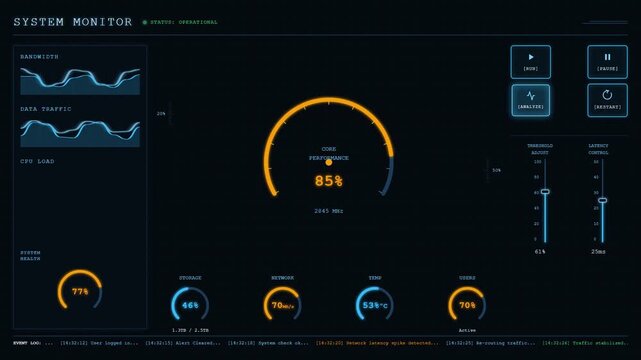 System monitor interface displaying live computer performance data and network traffic on dark background
