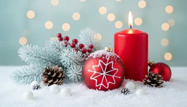 Festive Christmas still life with a burning red candle, ornaments, pine cones, and snow-covered branches.